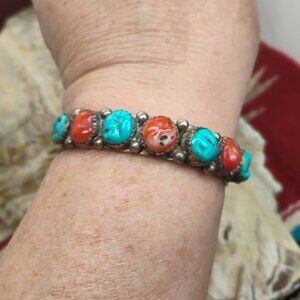 Vtg Navajo Old Pawn Sterling Silver Rough Stone Turquoise & Coral Cuff Bracelet